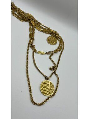 Vintage Gold-Tone Multi-Strand Chain Necklace With Textured Oval Pendants & Intr